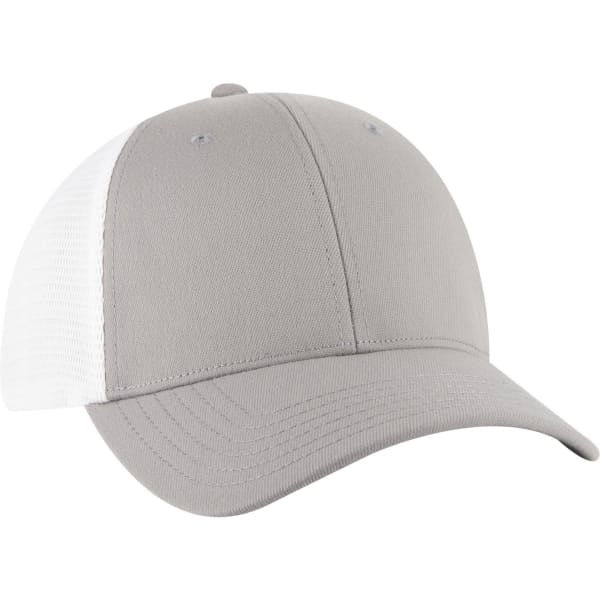 A low profile trucker cap featuring a grey front and white mesh back, complete with a logo.