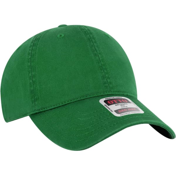 A green low-profile dad cap with a curved brim and a branding label. Suitable for casual headwear.