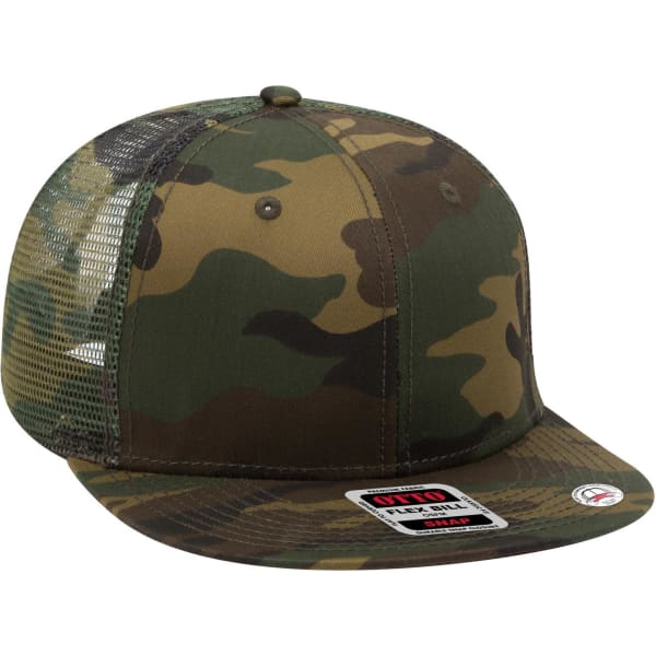 A camouflage 6 Panel Mid Profile Trucker Cap with a mesh back and a branded label on the front.