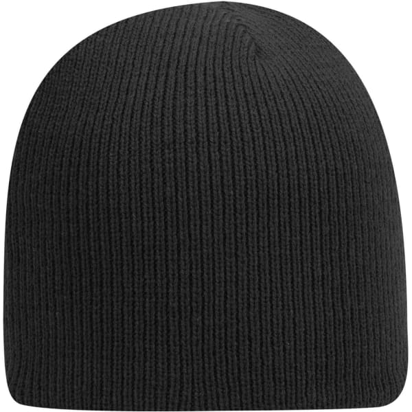 A black knit beanie with a ribbed texture and a snug fit. Features a logo on the side.