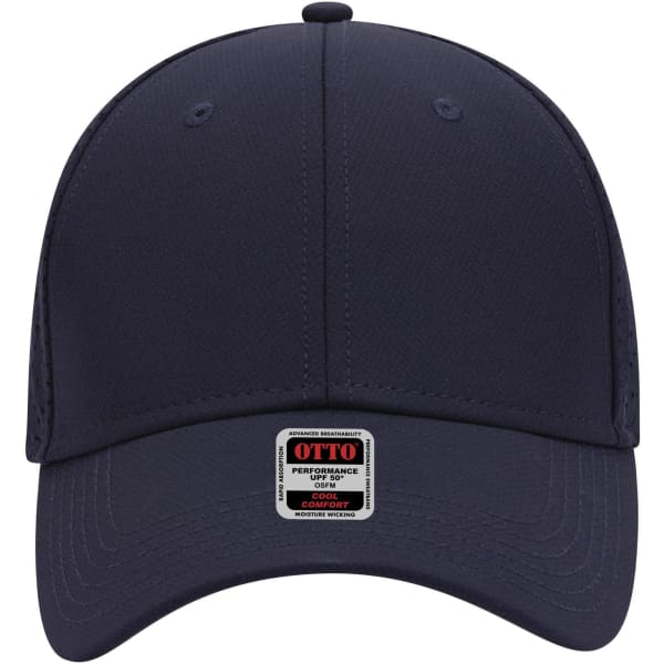 A navy 6 panel low profile baseball cap featuring a logo on the front and ventilation holes on the sides.