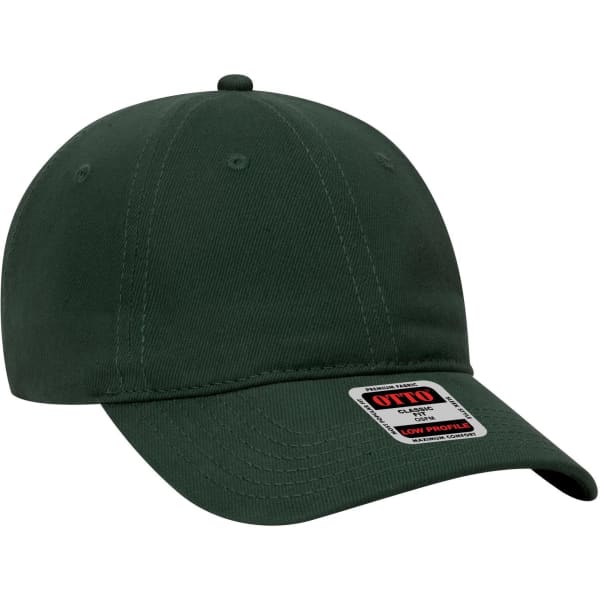 A dark green six-panel low profile baseball dad cap with a logo on the front.