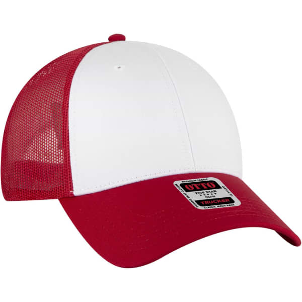 A red and white 6 panel low profile trucker cap featuring a mesh back and an attached logo on the front.