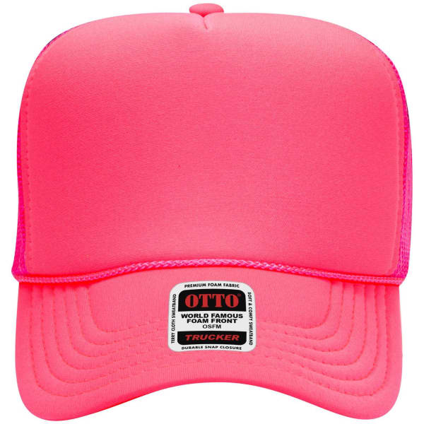 A pink 5 Panel High Crown Trucker Cap with a foam front and mesh back, featuring a logo on the front.