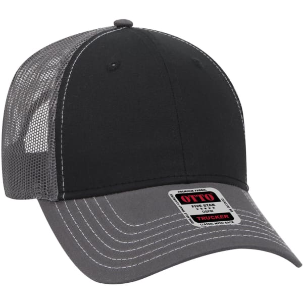 A low profile trucker cap in black and grey with a mesh back and a logo on the front.