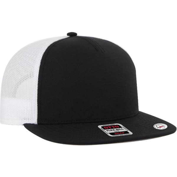 A black and white 5 panel pro style trucker cap with a mesh back and a logo on the front.
