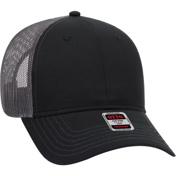 A black low profile trucker cap with a grey mesh back and an attached brand logo.