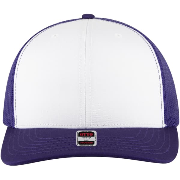 A 6-panel mid-profile trucker cap featuring a white front and purple mesh back with a logo.