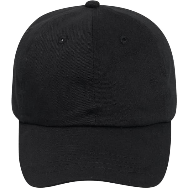 A black 6 panel low profile baseball cap featuring a curved brim and a logo on the front.