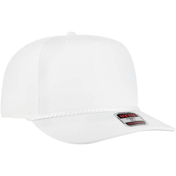 A white 5 panel mid-profile baseball cap with a braided detail and a branded tag.