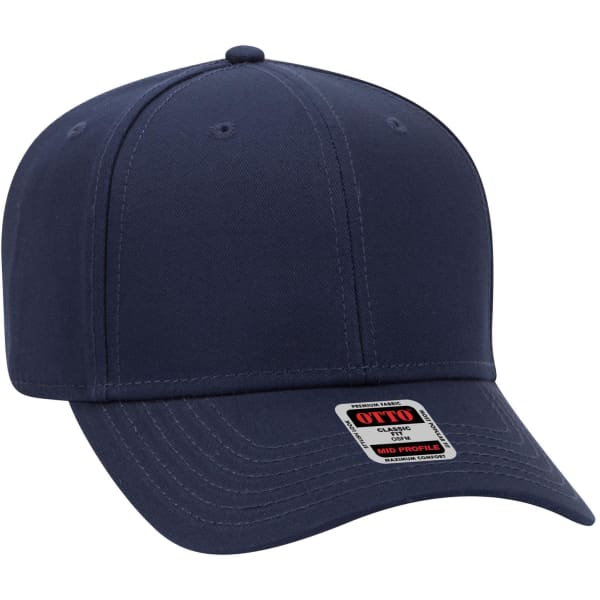 A navy blue 6 panel mid profile baseball cap with a logo on the front.