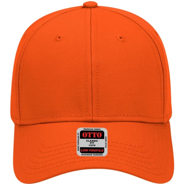 An orange 6-panel low profile baseball cap with a logo on the front.
