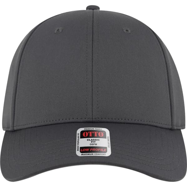 A grey 6 panel low profile baseball cap featuring a logo and a label on the front.