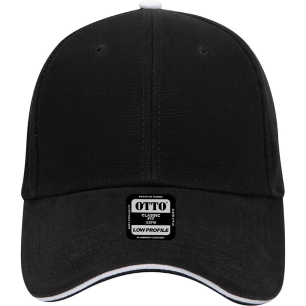 A black 6 panel low profile baseball cap with a logo on the front. Features a white trim around the brim.