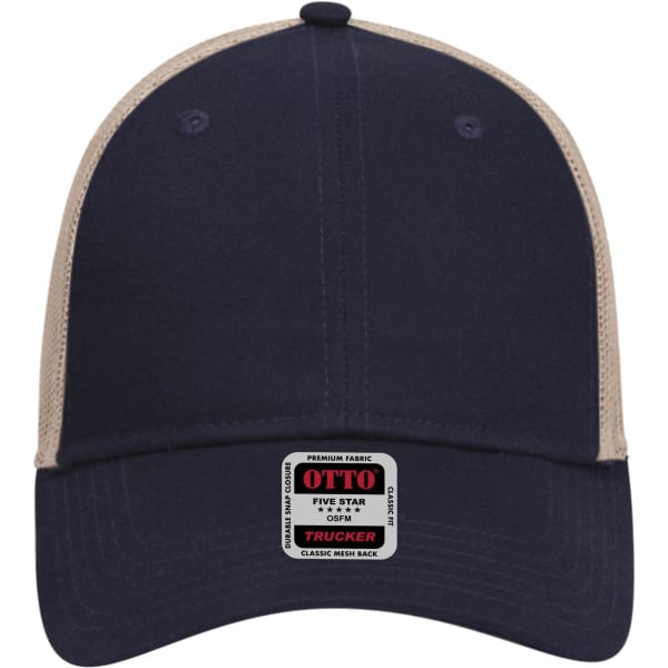 A navy and beige 6 panel low profile trucker cap with a logo on the front.