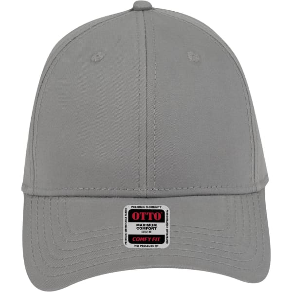 A grey low profile baseball cap with a six-panel design and a logo tag on the front.