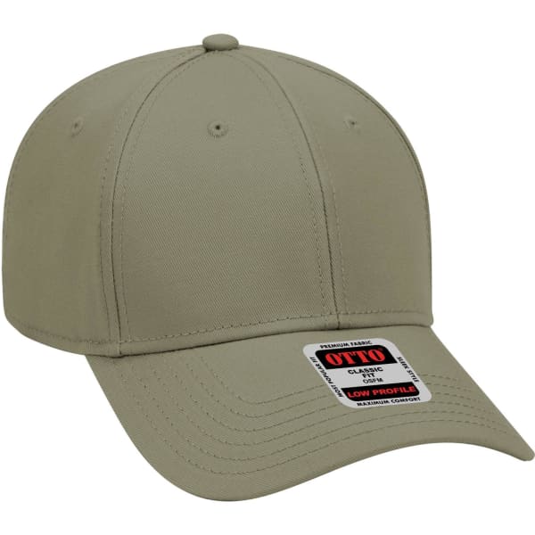 A beige 6 panel low profile baseball cap with a logo on the front and a structured design.