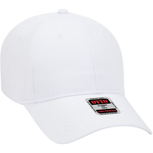 A white six-panel low-profile baseball cap with a logo on the front and a curved brim.