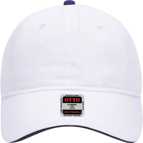 A white low profile baseball cap with a dark underbrim and a logo on the front.