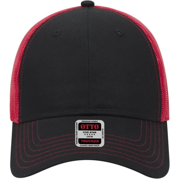 A black and red 6-panel low profile trucker cap with a mesh back and a logo.