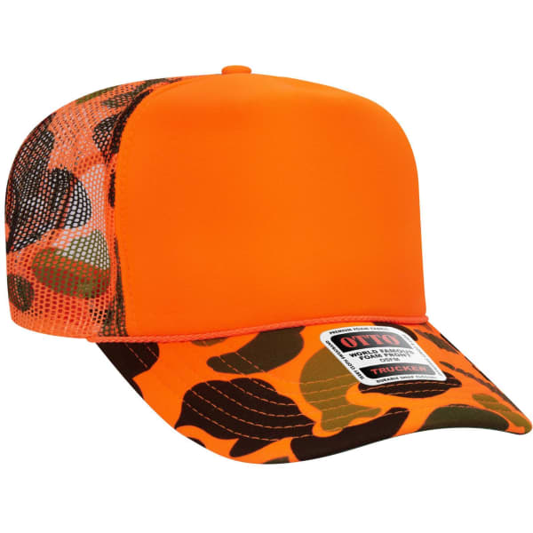 A high crown trucker cap featuring an orange front panel and mesh sides with a camouflage pattern in various hues.