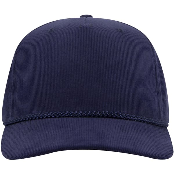 A 5 panel mid profile corduroy baseball cap in navy blue, featuring a textured fabric and a logo on the front.