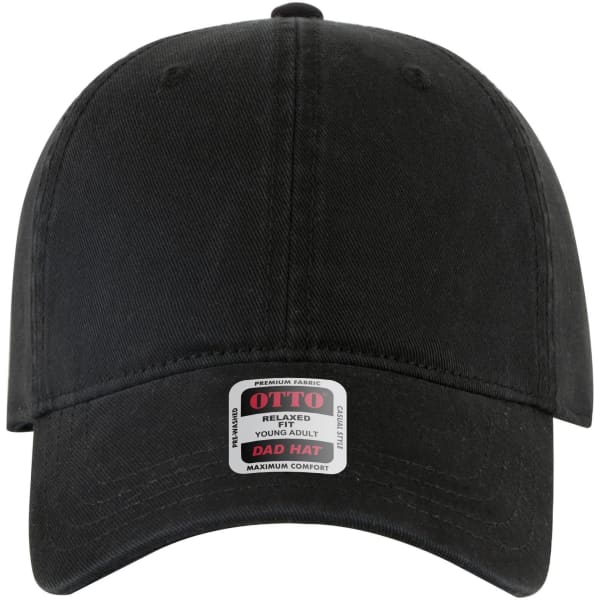 A black 6-panel low profile dad cap with a logo and stitched detailing on the front.