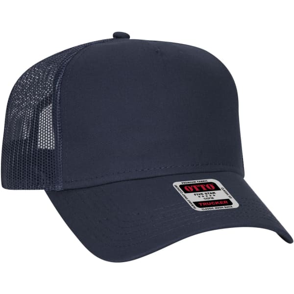 A navy blue 5 panel low profile trucker cap with a mesh back and a logo on the front.