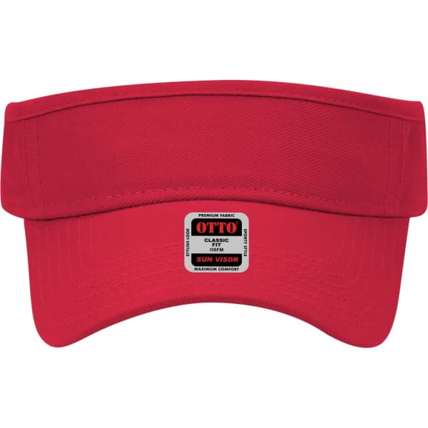 A red sun visor featuring a wide brim and a label, designed for sun protection.