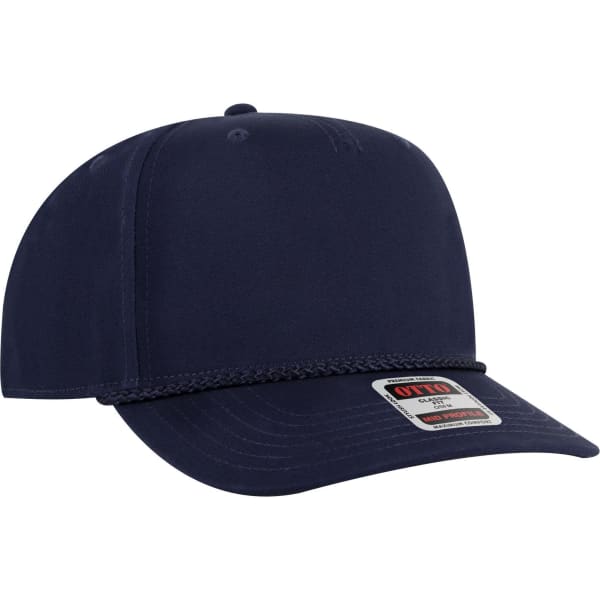 A navy blue 5 Panel Mid Profile Baseball Cap featuring a structured design and a logo on the front.