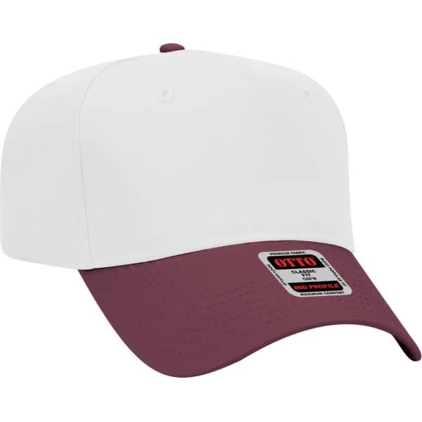 A five-panel mid crown baseball cap in white with a burgundy peak. Features a logo on the tag.