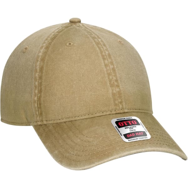 A khaki six-panel low profile dad cap featuring a branding logo on the side.