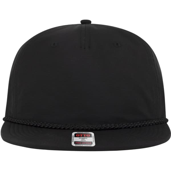 A black 5 Panel Pro Style Snapback Cap features a braided band and has a logo on the front.