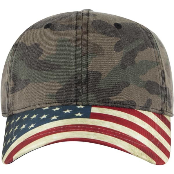 A low profile baseball cap featuring a camouflage pattern with an American flag design on the brim and a logo.