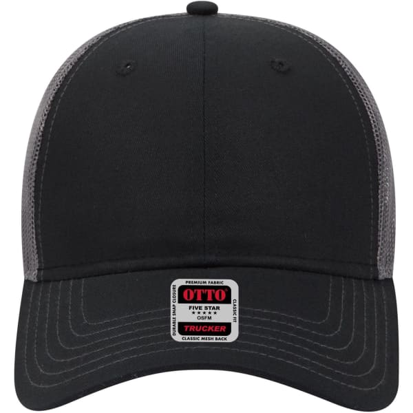 A black 6-panel low profile trucker cap with grey mesh sides and a logo patch at the front.
