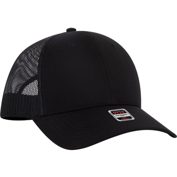 A low profile trucker cap in black with a mesh back and a logo on the front.