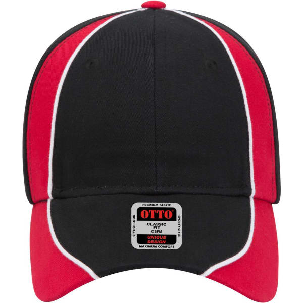 A black and red six-panel low-profile baseball cap with a structured design and a branded label on the front.