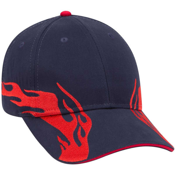 A navy blue baseball cap features red flame designs and has a logo on the front. It has a low profile and six panels.