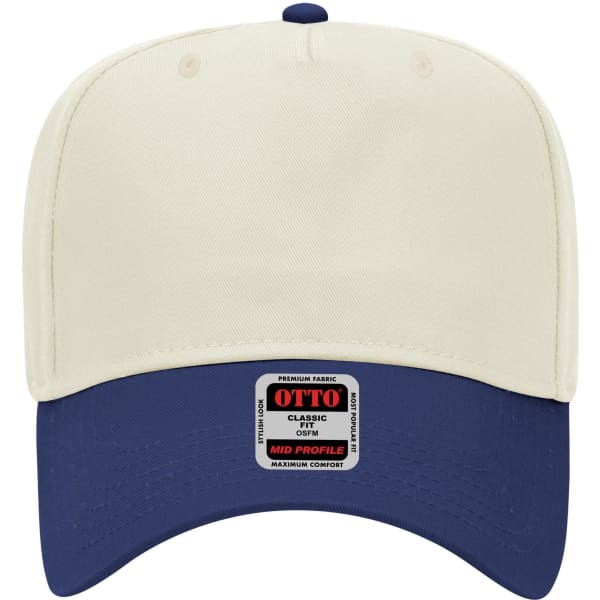 A 5 panel mid crown baseball cap in cream and navy blue, featuring a logo on the front.
