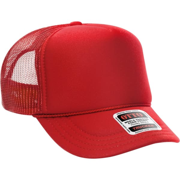 A red 5 panel high crown trucker cap with a mesh back and a logo on the front.
