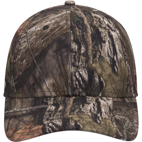A camo-patterned 6 panel low profile baseball cap, featuring shades of green, brown, and black with a logo.