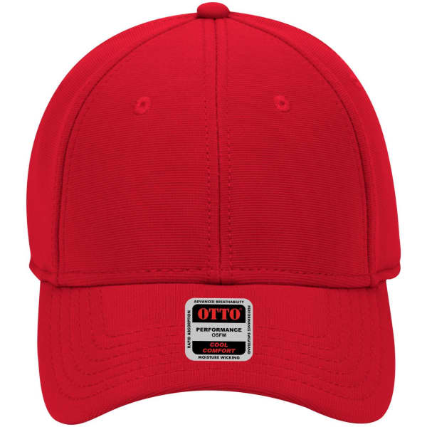 A red six-panel low profile baseball cap with a label on the front. Features a structured design and a curved brim.