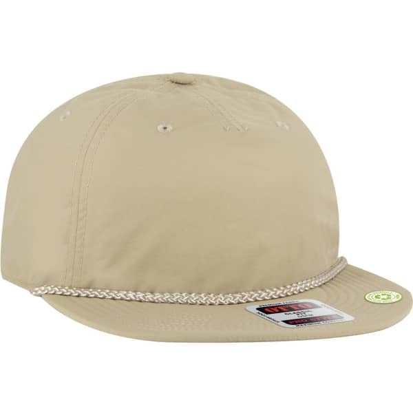 A beige 5 panel pro style baseball cap featuring a chain detail and a logo on the front.