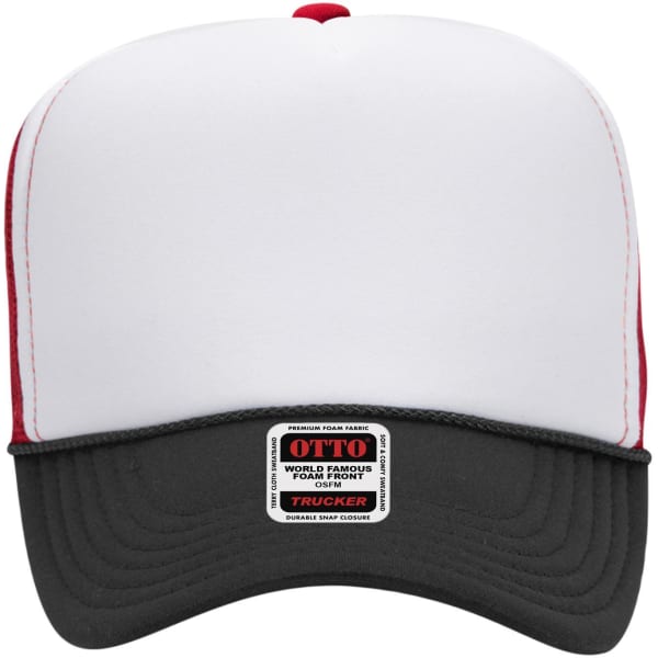 A 5 panel high crown trucker cap featuring a white front, red accents, and a black brim, with a logo on the side.