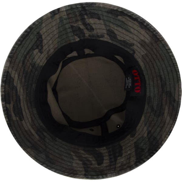 A bucket hat in a dark camo pattern with a branded inner band.