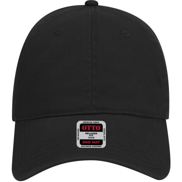 A black low profile dad cap with a curved brim and an embroidered logo on the front.