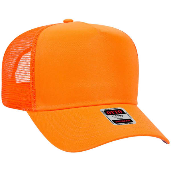 An orange 5 Panel Mid Profile Trucker Cap with a mesh back and a branding label.