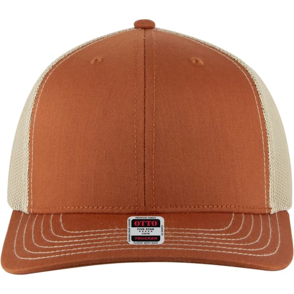 A brown and beige 6 panel mid profile trucker cap with a mesh back and a logo tag at the front.