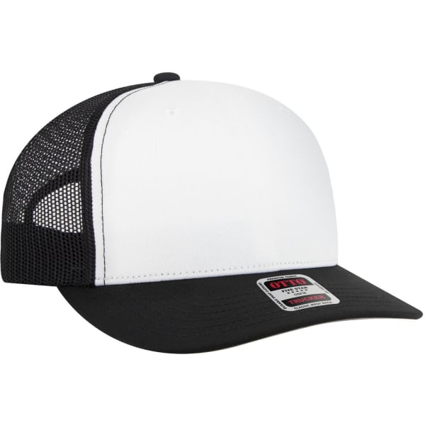 A white and black trucker cap featuring a mid-profile design and a mesh back. It includes a branding label.