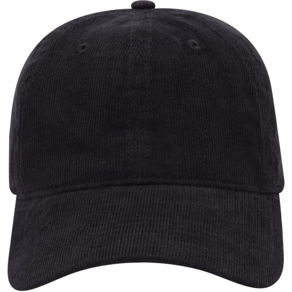 A black 6 panel low profile baseball dad cap with a curved brim and visible stitching. Features a logo on the front.